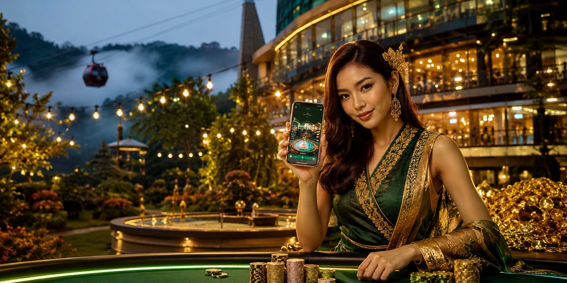 Paparan aplikasi kasino mekdi88 dengan latar Genting Highlands Malaysia